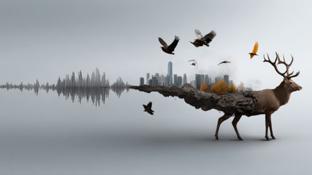 A dreamlike scene blending nature and urban aesthetics featuring a deer, sound waves, and birds, symbolizing harmony between wildlife and city life.の素材