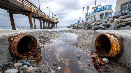 This image captures rusty pipes discharging water pollution onto a beach, framed by a coastal pier against a gray sky, highlighting environmental concerns.の素材