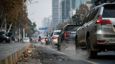 A busy urban street scene capturing a traffic jam on a foggy day. Cars emit exhaust and dust, highlighting air quality concerns in city environments.の素材