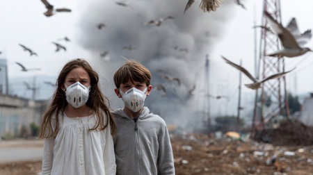 Two children wearing protective masks stand in an urban area filled with pollution and smoke, surrounded by flying birds, portraying a powerful narrative of innocence amidst environmental crisis.の素材