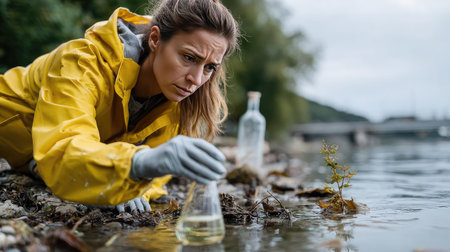A woman dressed in a bright yellow raincoat kneels at the riverbank, carefully collecting a water sample for research, showcasing environmental awareness and care.の素材