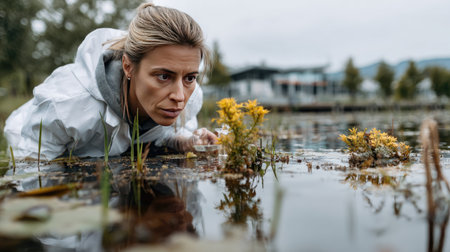 A dedicated woman in a protective white suit examines aquatic plants near the lakeshore, showcasing her commitment to environmental research and discovery.の素材