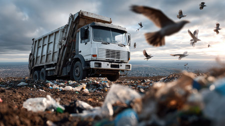 A garbage truck rests on a landfill surrounded by scattered waste, while birds fly overhead. This image highlights environmental issues, waste disposal, and pollution.の素材