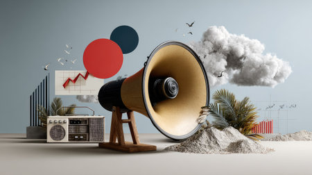 This creative image blends sound elements with abstract visuals to represent marketing strategies, showing a loudspeaker, charts, and nature.の素材