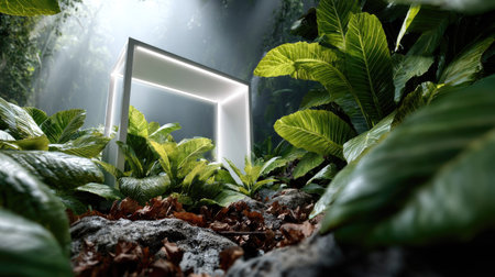 A surreal frame illuminated by soft light rests amid vibrant greenery in a tranquil forest. The scene captures a blend of nature and technology, offering a peaceful escape.の素材