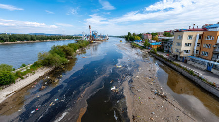 This image captures a polluted river filled with debris alongside industrial ships under a clear sky, highlighting urban impacts on nature.の素材