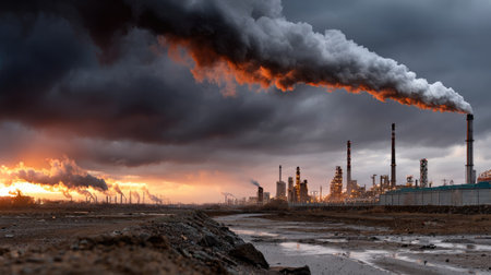 A striking industrial landscape featuring smokestacks silhouetted against a dramatic sunset, revealing environmental challenges and industrial power.の素材
