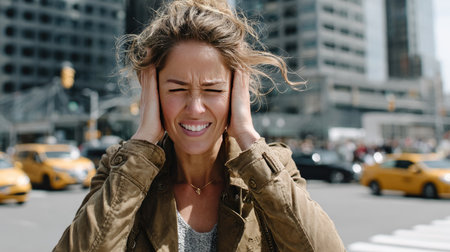 A young woman stands on a bustling city street, covering her ears in response to overwhelming noise and stress, capturing urban life's chaotic experience.の素材