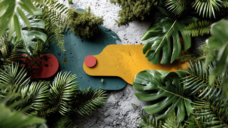This vibrant image features colorful abstract shapes nestled among lush tropical foliage, creating a striking visual contrast and a refreshing atmosphere.の素材