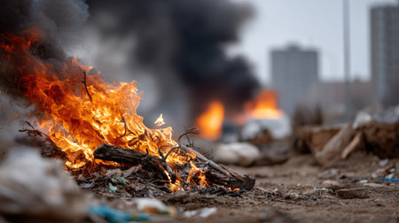 A striking image captures fierce flames rising from burning refuse on an urban street, with thick smoke billowing in the background. The scene evokes feelings of destruction and urgency in a gritty environment.の素材