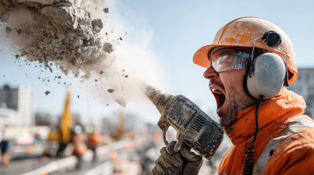 A dedicated construction worker passionately operates a jackhammer on an urban job site, surrounded by dust clouds, showcasing hard work and effort.の素材