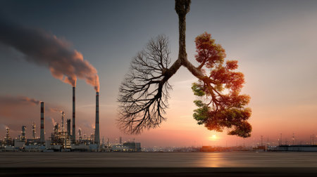 This captivating image portrays a juxtaposition of nature and industry, featuring a lung-shaped tree that symbolizes the vital connection between our environment and air quality.の素材
