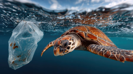 A striking image showcasing a sea turtle gracefully swimming in the ocean, with a piece of plastic waste nearby, emphasizing the urgent need for marine conservation.の素材