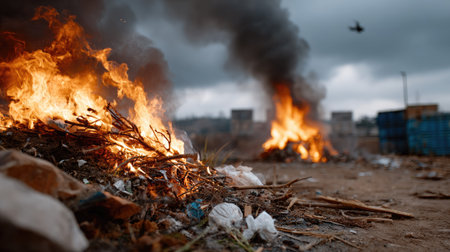 A vivid scene depicting flames rising from piles of burning trash, producing thick smoke against a cloudy backdrop. This image highlights pollution and waste issues.の素材