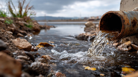 A rusty pipe drains water into a serene lake, surrounded by stones and fallen leaves. The tranquil scene captures nature's beauty amidst clouds, highlighting environmental elements.の素材