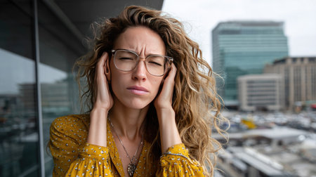 A young woman with curly hair and glasses stands in an urban setting, expressing discomfort and frustration, her hands covering her ears amidst city noise.の素材