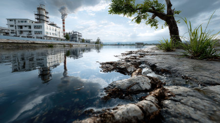 An industrial landscape showcasing a factory by a serene riverbank, reflecting in calm waters beneath a cloudy sky, highlighting nature and industry.の素材