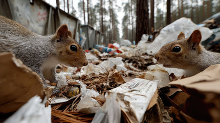 Two squirrels scavenge through litter and debris in a forest environment, highlighting the impact of pollution on wildlife and nature interactions.の素材