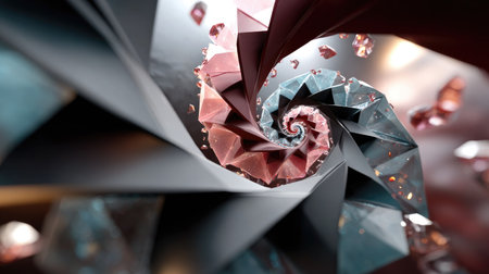 Stunning abstract spiral design featuring shimmering crystals in a 3D art style. Ideal for modern digital backgrounds and creative projects, this artwork captivates with its elegant colors and intricate patterns.の素材