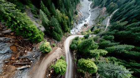 An aerial perspective captures a winding dirt road running parallel to a river, surrounded by dense evergreen forests. This tranquil landscape evokes a sense of adventure and peace.の素材