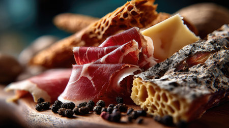 Showcase of an artisanal charcuterie board featuring assorted meats, cheeses, honeycomb, and spices, perfect for gourmet food lovers and culinary enthusiasts.の素材