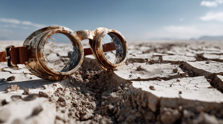This striking image captures vintage goggles resting on parched cracked ground under a clear blue sky, evoking themes of exploration and desolation.の素材