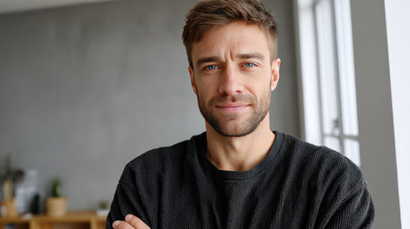 A young man stands confidently with his arms crossed, smiling in a well-lit modern indoor space, reflecting a relaxed and inviting atmosphere.の素材