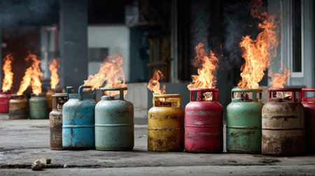 An industrial scene showcasing colorful gas cylinders with flames erupting from their tops. This impactful image emphasizes safety hazards associated with gas storage.の素材