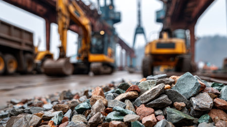 A vibrant close-up of colorful gravel at a construction site with heavy machinery in the background, showcasing industry and work processes.の素材