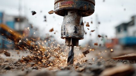 This photo captures a heavy-duty drill bit at work on a construction site, producing sparks and flying debris as it makes contact with the ground.の素材