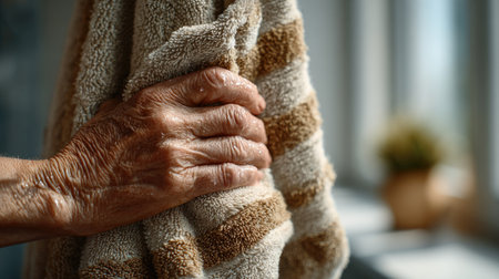 A close-up shot of an aged hand gently holding a fluffy striped towel in bright natural light, evoking feelings of comfort and relaxation in a cozy setting.の素材