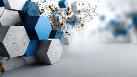 This image features a modern 3D design with hexagonal shapes in blue and gray, surrounded by colorful particles and a dynamic explosion of texture, perfect for digital art projects.の素材