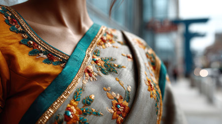 This stunning close-up showcases the intricate embroidery of a beautifully designed saree, combining traditional Indian elegance with a modern urban backdrop.の素材