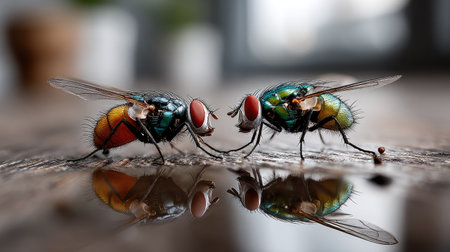 This macro photograph captures a vibrant interaction between two colorful flies on a rustic wooden surface, showcasing intricate details and reflections in natural light.の素材