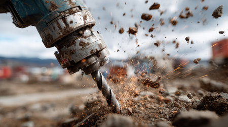 Close-up of a powerful electric drill working on a construction site, creating sparks and dust as it penetrates the ground. The blurred background suggests ongoing activity.の素材