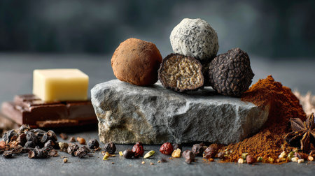 An exquisite display of assorted gourmet chocolate truffles on a stone surface, showcasing various textures and flavors against a dark background.の素材