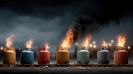 A striking image of vibrant gas cylinders igniting with flames against a smoky, dark background. The scene captures industrial energy and potential hazards.の素材