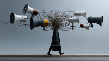 A surreal image depicting a person walking with a head formed by a tree and surrounded by loudspeakers. This piece symbolizes the overwhelming noise and distractions in modern life, blending nature with technology to explore themes of communication and mental well-being.の素材