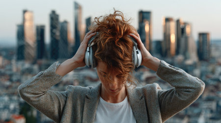 A young woman immerses herself in music with headphones while taking in the breathtaking city skyline at sunset, capturing a serene moment of relaxation.の素材