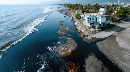 Aerial view showcasing pollution with black oil spilling onto the beach and water, emphasizing environmental degradation and its urgent impact on nature.の素材