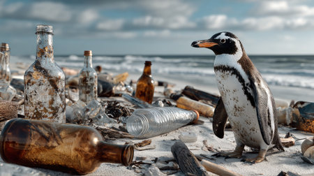 A penguin stands amidst debris on a beach, surrounded by discarded bottles and remnants of pollution, emphasizing the urgent need for environmental protection and awareness.の素材