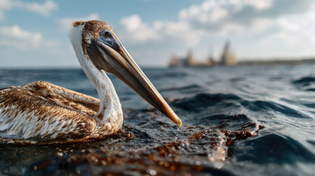 This stunning close-up captures a pelican floating gracefully on water, showcasing its unique features and tranquil environment against a coastal backdrop.の素材