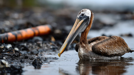 A brown pelican floats gracefully on calm waters, showcasing its unique features amid an oil-polluted environment, highlighting ecological concerns.の素材