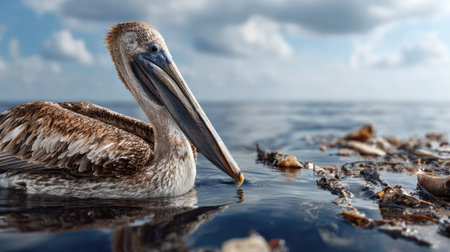 A brown pelican glides gracefully over calm ocean waters filled with floating debris under a partially cloudy sky, illustrating nature's contrast.の素材