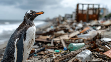 A lone penguin stands on a beach strewn with plastic waste and debris, highlighting the environmental crisis as storm clouds gather in the background.の素材