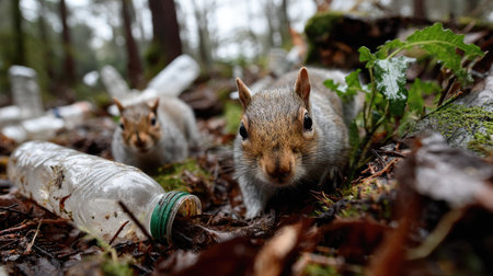 Two squirrels explore a littered forest floor, highlighting the pressing issue of plastic pollution and its impact on wildlife and ecosystems.の素材