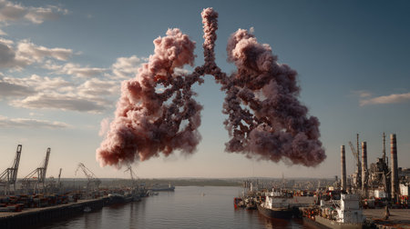 A striking visual of a surreal cloud formation resembling human lungs floating above an industrial landscape, highlighting the interplay of nature and human activity.の素材