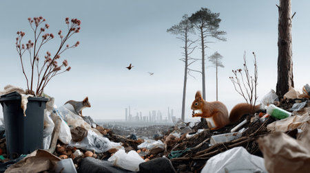 A striking image of squirrels scavenging through a large pile of garbage, showcasing the growing conflict between wildlife and urban pollution in environmental degradation.の素材