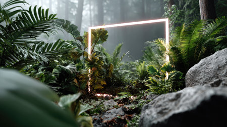 This captivating image features an illuminated neon frame set against a backdrop of lush foliage in a misty forest, creating a serene and ethereal atmosphere.の素材