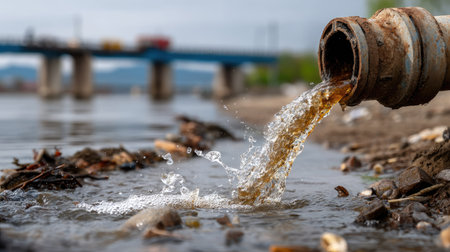 The image captures industrial wastewater flowing from a pipe into a river, highlighting the pollution issue affecting natural water bodies and ecosystems.の素材